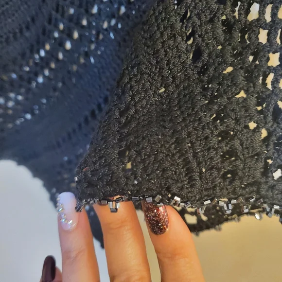 Crochet V Neck Black Long Sleeve Top with Bead Trim by The Limited Size S - Picture 4 of 7